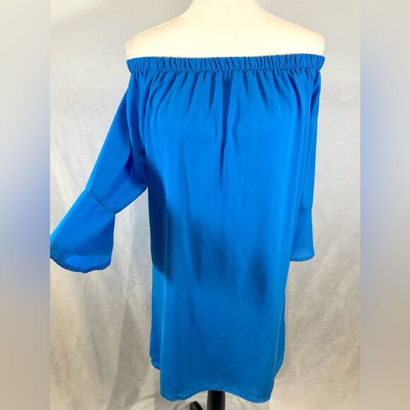 Blue on or off shoulder bell sleeve dress size medium - Picture 2 of 6